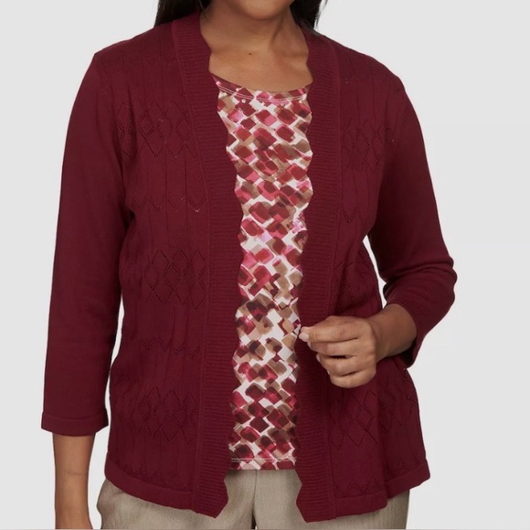 Alfred Dunner Sweaters - Alfred Dunner Burgundy Cardigan with Patterned Top